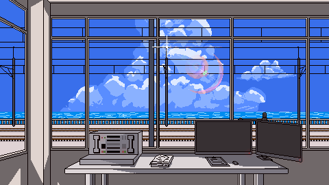 Pixel art of a train carriage interior with clouds through the windows