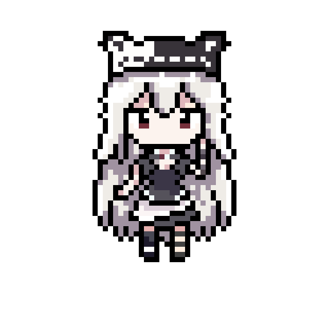 Pixel art character sprite with white hair on a black background
