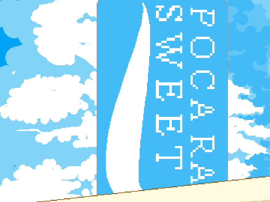 Pixel art of a blue sky with clouds and a flag