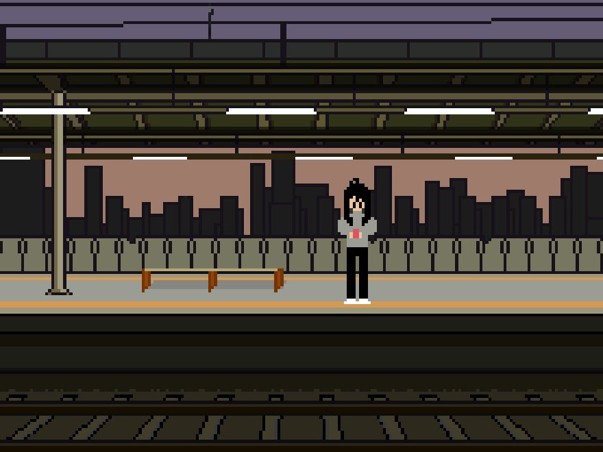 Pixel art of a train station platform with a lone figure