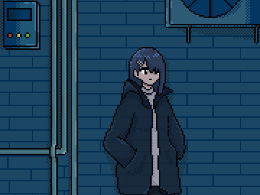 Pixel art of a person in a dark coat against a blue tiled wall