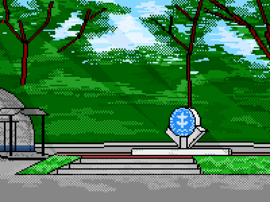 Pixel art of a green park with a blue globe monument